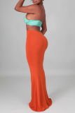 Tangerine Red Sexy Solid Hollowed Out Spaghetti Strap Pencil Skirt Dresses