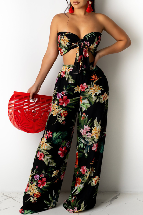 Black Sexy Print Patchwork Strapless Sleeveless Two Pieces