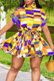 Purple Sexy Print Split Joint O Neck Cake Skirt Plus Size Dresses