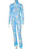 Blue Street Print Hollowed Out Patchwork Metal Accessories Decoration Turtleneck Long Sleeve Two Pieces