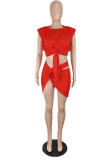 Red Sexy Solid Bandage Hollowed Out Patchwork Asymmetrical O Neck Sleeveless Two Pieces