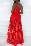 Red Fashion Sexy Patchwork See-through Backless Spaghetti Strap Sleeveless Two Pieces