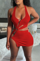 Red Sexy Solid Hollowed Out Split Joint Asymmetrical Halter Pencil Skirt Dresses