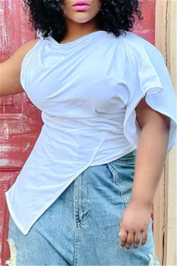 White Fashion Solid Patchwork Asymmetrical O Neck T-Shirts