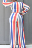 Red Blue Casual Striped Print Bandage Patchwork V Neck Straight Jumpsuits