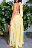Yellow Sexy Print Bandage Hollowed Out Backless Zipper Halter Beach Dresses