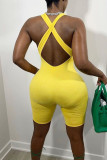 Yellow Casual Solid Patchwork U Neck Skinny Rompers