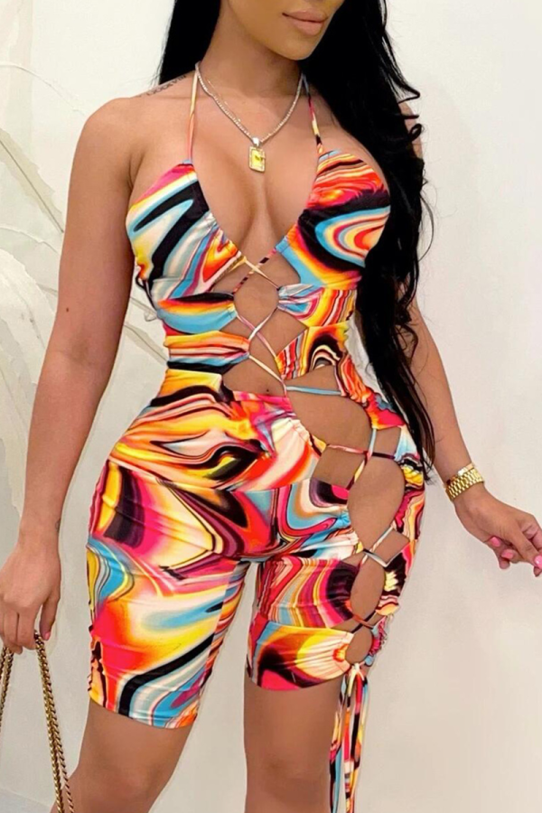 Orange Sexy Print Patchwork Swimwears