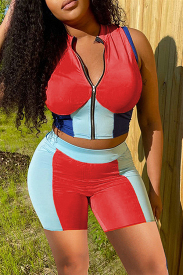 Red Casual Sportswear Patchwork Basic Zipper Collar Short Sleeve Two Pieces