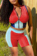 Red Casual Sportswear Patchwork Basic Zipper Collar Short Sleeve Two Pieces