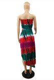 Red Fashion Sexy Print Tie Dye Backless Asymmetrical Strapless Sleeveless Two Pieces