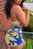 Yellow Blue Sexy Print Patchwork Strapless Sleeveless Two Pieces