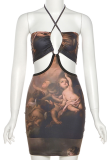 Black Sexy Print Hollowed Out Halter Pencil Skirt Dresses