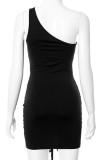 Black Sexy Solid Hollowed Out Patchwork Draw String Fold Oblique Collar Pencil Skirt Dresses