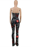 Black Fashion Sexy Print Backless Spaghetti Strap Regular Jumpsuits