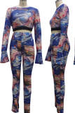 Blue Sexy Print Mesh Half A Turtleneck Long Sleeve Two Pieces