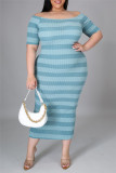 Light Blue Fashion Casual Striped Print Backless Off the Shoulder Short Sleeve Dress Plus Size Dresses