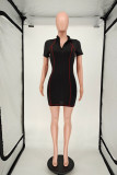 Black Fashion Casual Solid Basic Zipper Collar Short Sleeve Dress
