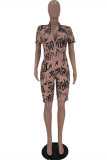 Pink Fashion Casual Print Basic Zipper Collar Regular Romper