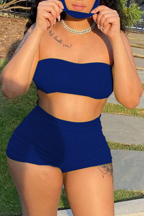 Blue Simplicity Solid Strapless Sleeveless Two Pieces（with a mask）