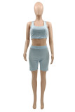 Sky Blue Casual Sportswear Solid Vests Square Collar Sleeveless Two Pieces