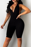 Blue Sexy Solid Patchwork Halter Skinny Rompers