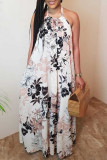 Multicolor Sexy Casual Print Backless Halter Sleeveless Dress