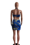 Blue Sexy Print Hollowed Out Split Joint Asymmetrical Halter Pencil Skirt Dresses