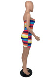 Rainbow Color Fashion Sexy Striped Print Backless Strapless Sleeveless Dress
