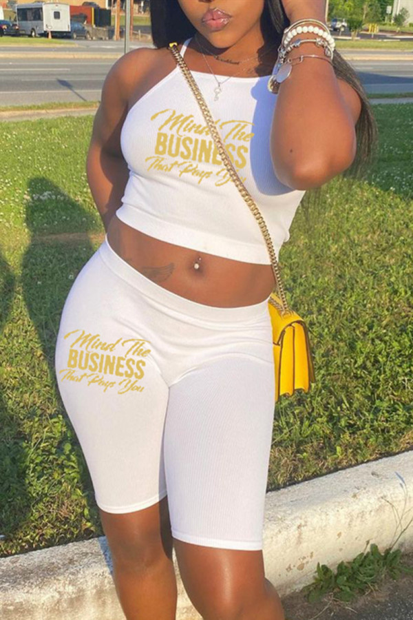 White Sexy Casual Letter Print Vests O Neck Sleeveless Two Pieces