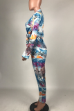 Pink Sexy Print Bandage Turndown Collar Long Sleeve Two Pieces