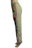 Light Green Fashion Casual Print Tassel Regular High Waist Trousers