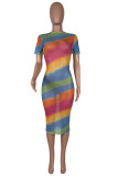 Colour Fashion Sexy Print See-through O Neck Short Sleeve Dress Dresses