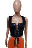 Deep Blue Sexy Solid Buckle Square Collar Tops