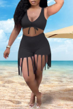 Black Sexy Solid Tassel V Neck Sleeveless Two Pieces