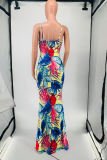 Red Sexy Print Patchwork Spaghetti Strap Trumpet Mermaid Dresses