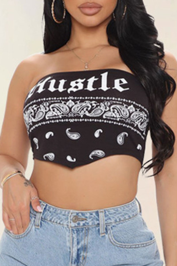 Black Sexy Print Patchwork Asymmetrical Strapless Tops
