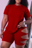 Red Casual Print Hollowed Out Asymmetrical O Neck Short Sleeve Two Pieces