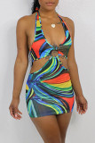 Multicolor Fashion Sexy Print Backless Halter Sleeveless Dress