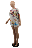 White Casual Print Patchwork O Neck T-Shirts