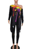 Black Casual Print Patchwork Asymmetrical O Neck Nine Points Sleeve Two Pieces