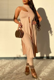 Khaki Sexy Casual Solid Hollowed Out Slit O Neck Sleeveless Two Pieces
