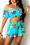 Yellow Fashion Casual Print Backless Off the Shoulder Short Sleeve Two Pieces