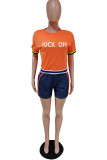 Orange Fashion Casual Letter Print Patchwork O Neck Short Sleeve Two Pieces