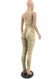 Yellow Sexy Print Hollowed Out V Neck Skinny Jumpsuits
