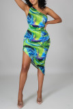 Green Fashion Sexy Print Asymmetrical One Shoulder Sleeveless Dress