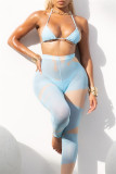Light Blue Fashion Sexy Print Bandage See-through Backless Sleeveless Three-piece Set