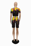 Black Casual Patchwork Tie-dye O Neck Short Sleeve Two Pieces
