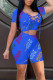 Blue Casual Print Patchwork Frenulum O Neck Short Sleeve Two Pieces
