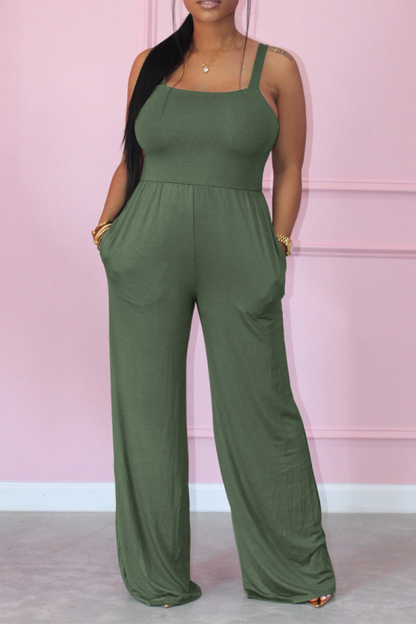 Army Green Sexy Casual Solid Backless Spaghetti Strap Regular Jumpsuits